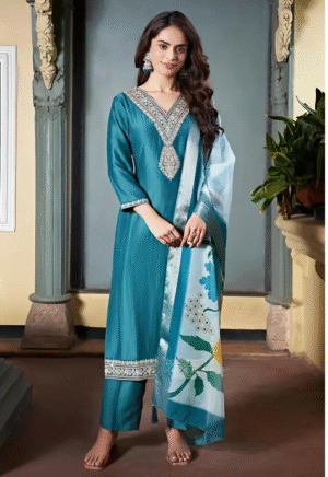 Roman Collection – Rayon Embroidered Kurti Pant Set with Floral Dupatta (Ringani, Yellow, Blue)