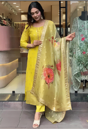 Sophiya – Yellow Jacquard Kurti Pant Set with Floral Dupatta